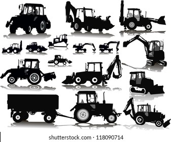 Set of 15 (fifteen) silhouettes of a tractors of road service