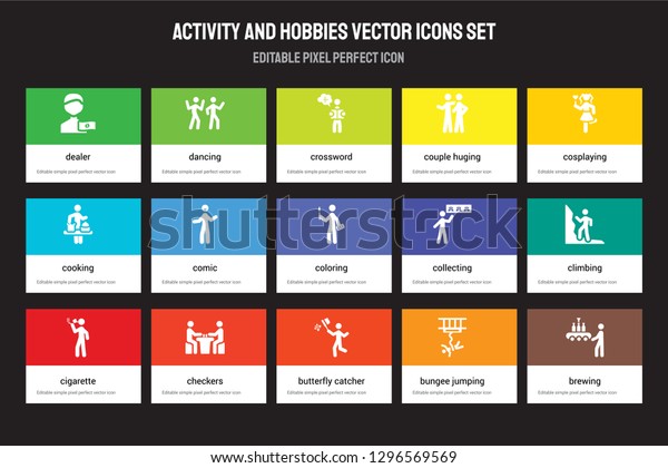 Set of 15 flat activity and hobbies icons -\
Dealer, Dancing, Butterfly catcher, Cosplaying, Cigarette,\
Collecting, Climbing, Bungee jumping. Vector illustration isolated\
on colorful background