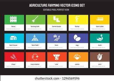 Set of 15 flat agriculture farming icons - Fence, Fork, Cow, farm Trailer, Crops, Egg, Duck, Cotton. Vector illustration isolated on colorful background