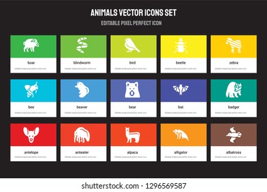 Set of 15 flat animals icons - Boar, blindworm, Alpaca, Zebra, Antelope, Bat, Badger, alligator. Vector illustration isolated on colorful background