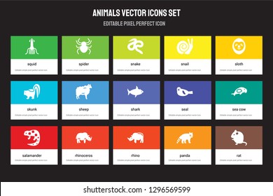 Set of 15 flat animals icons - Squid, Spider, Rhino, Sloth, salamander, Seal, Sea cow, panda. Vector illustration isolated on colorful background