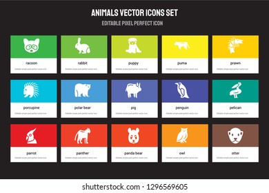 Set of 15 flat animals icons - Racoon, Rabbit, Panda bear, Prawn, Parrot, Penguin, Pelican, Owl. Vector illustration isolated on colorful background