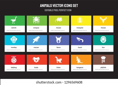 Set of 15 flat animals icons - Ostrich, Octopus, kitten, Moose, Ladybug, Lizard, Lion, Kangaroo. Vector illustration isolated on colorful background
