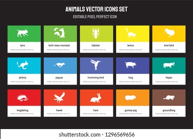 Set of 15 flat animals icons - Lynx, Loch ness monster, Hare, Kiwi bird, Hegdehog, Hog, Hippo, Guinea pig. Vector illustration isolated on colorful background
