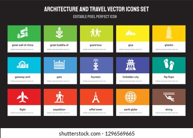 Set of 15 flat architecture and travel icons - Great wall china, buddha thailand, Eiffel tower, Gherkin, Flight. Vector illustration isolated on colorful background