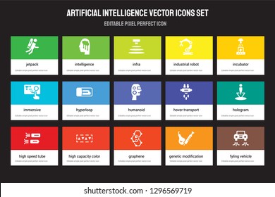 Set of 15 flat artificial intelligence icons - Jetpack, Intelligence, Graphene, Incubator, High speed tube. Vector illustration isolated on colorful background