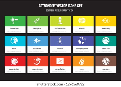 Set of 15 flat astronomy icons - Finderscope, Falling star, Constellation, Eccentricity, Day and night, Destroyed planet, Death Comet. Vector illustration isolated on colorful background