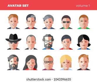 Set of 15 flat avatars icons. Funny bright vector illustrations.