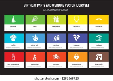 Set of 15 flat birthday party and wedding icons - Party hat, Party, love Plate, Mustache, Smartphone, Maracas, Makeup, Padlock. Vector illustration isolated on colorful background