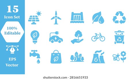 Set of 15 flat blue ecology and environment icons with eco friendly, environment