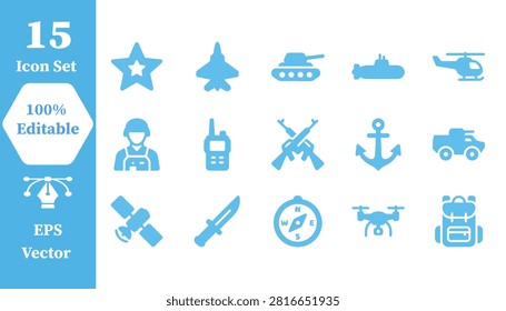 Set of 15 flat blue military and warfare icons with military aircraft strategy