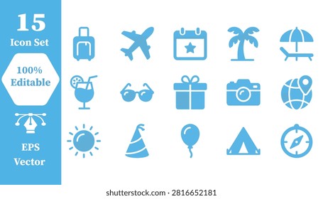 Set of 15 flat blue travel and vacation icons with vacation airplane passport