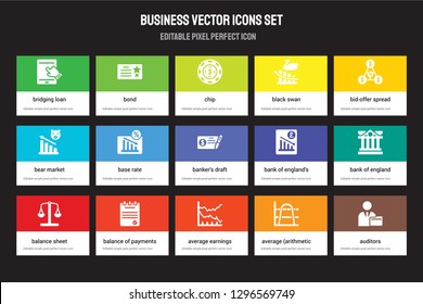 Set of 15 flat business icons - Bridging loan, Bond, Average earnings growth, Bid-offer spread, Balance sheet. Vector illustration isolated on colorful background