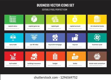 Set of 15 flat business icons - Capital ratios Tier 1 and 2, gains tax, Budget, CBI industrial trends, Bull market. Vector illustration isolated on colorful background