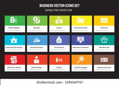 Set of 15 flat business icons - Asset stripping, Arbitrage, Actuary, Fiscal year, After-hours dealing. Vector illustration isolated on colorful background