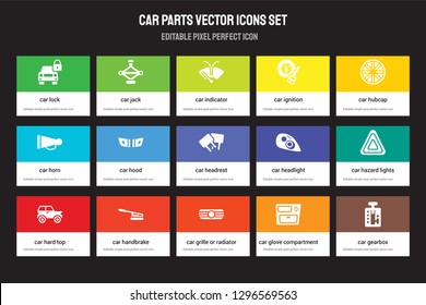 Set of 15 flat car parts icons - lock, jack, grille or radiator grille, hubcap, hard top. Vector illustration isolated on colorful background