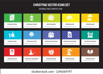 Set of 15 flat christmas icons - letter, lantern, Cabin, Christmas Girl, card. Vector illustration isolated on colorful background