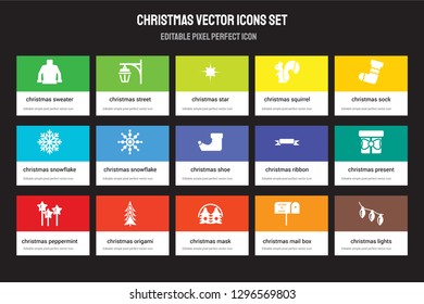 Set of 15 flat christmas icons - sweater, Street light, Mask, sock, Peppermint. Vector illustration isolated on colorful background