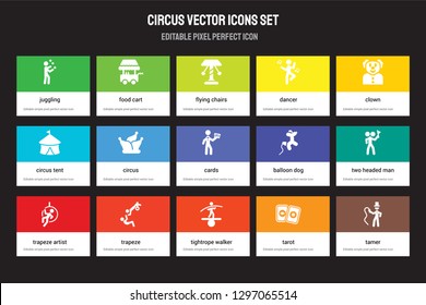 Set of 15 flat circus icons - Juggling, Food cart, Tightrope walker, Clown, Trapeze artist, Balloon dog, Two headed man, Tarot. Vector illustration isolated on colorful background