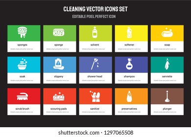 Set of 15 flat cleaning icons - Sponges, Sponge, sanitize, Soap, scrub brush, Shampoo, Serviette, Preservatives. Vector illustration isolated on colorful background