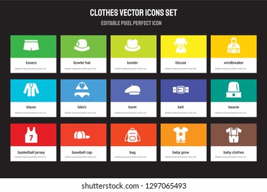Set of 15 flat clothes icons - Boxers, Bowler hat, Bag, windbreaker, Basketball jersey, Belt, Beanie, Baby Grow. Vector illustration isolated on colorful background