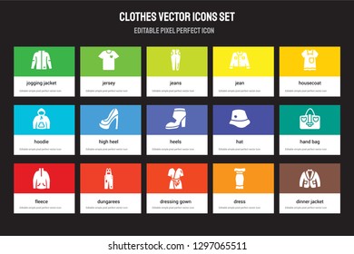 Set of 15 flat clothes icons - jogging jacket, Jersey, Dressing Gown, Housecoat, Fleece, Hat, Hand bag, Dress. Vector illustration isolated on colorful background