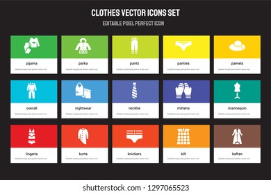 Set of 15 flat clothes icons - Pijama, Parka, Knickers, Pamela, Lingerie, Mittens, Mannequin, Kilt. Vector illustration isolated on colorful background
