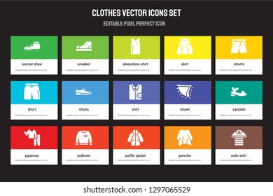 Set of 15 flat clothes icons - Soccer shoe, Sneaker, puffer jacket, Shorts, pyjamas, Shawl, Sandals, Poncho. Vector illustration isolated on colorful background