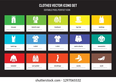 Set of 15 flat clothes icons - Trouser, Trench Coat, stockings, tanktop, Sweater, swim shorts, Sweatshirt, Socks. Vector illustration isolated on colorful background