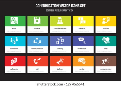 Set of 15 flat communication icons - Email, Diskette, Bullhorn, Contact, Call center, Chat bubble, Chat, Arroba. Vector illustration isolated on colorful background