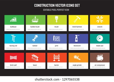 Set of 15 flat construction icons - Bulldozer, builder Brush, Barrier, Wrench, Birck Wall, blowtorch, blade saw, Angle grinder. Vector illustration isolated on colorful background