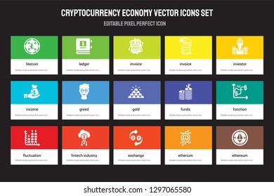 Set of 15 flat cryptocurrency economy icons - Litecoin, Ledger, Exchange, Investor, Fluctuation, Funds, Function, etherium. Vector illustration isolated on colorful background