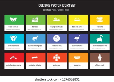 Set of 15 flat culture icons - Brazil carnival mask, Bo kaap, Ajotomate, Wontons, Australian Boomerang. Vector illustration isolated on colorful background
