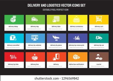 Set of 15 flat delivery and logistics icons - Delivery Delay, day, Delivery, cart, by bike. Vector illustration isolated on colorful background