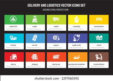 Set of 15 flat delivery and logistics icons - weight limit, Weight, ship by sea, Transportation, Side up. Vector illustration isolated on colorful background