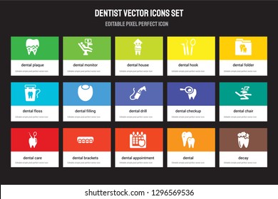 Set of 15 flat dentist icons - Dental Plaque, Monitor, Appointment, Folder, care, Checkup, chair, Dental. Vector illustration isolated on colorful background
