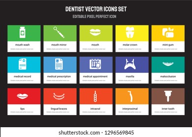 Set of 15 flat dentist icons - Mouth Wash, Mirror, Intraoral, Mint gum, Lips, Maxilla, Malocclusion, Interproximal. Vector illustration isolated on colorful background