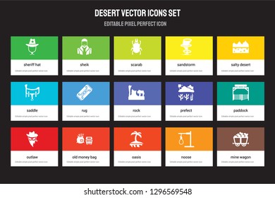 Set of 15 flat desert icons - Sheriff Hat, Sheik, Oasis, Salty desert, Outlaw, Prefect, Paddock, Noose. Vector illustration isolated on colorful background