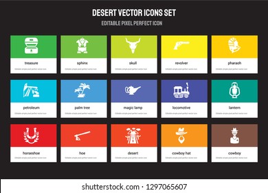 Set of 15 flat desert icons - Treasure, Sphinx, Desert, Pharaoh, Horseshoe, Locomotive, Lantern, Cowboy Hat. Vector illustration isolated on colorful background