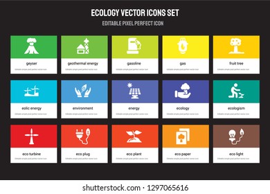 Set of 15 flat ecology icons - Geyser, Geothermal Energy, eco Plant, Fruit tree, Turbine, Ecology, Ecologism, Paper. Vector illustration isolated on colorful background