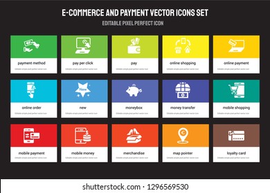 Set of 15 flat e-commerce and payment icons - Payment method, Pay per click, Merchandise, Online payment, Mobile payment. Vector illustration isolated on colorful background