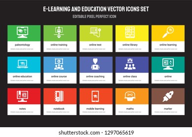 Set of 15 flat e-learning and education icons - Paleontology, online training, mobile learning, Online Notes, class, Online, Maths. Vector illustration isolated on colorful background