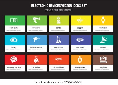 Set of 15 flat electronic devices icons - book reader, blow dryer, Air conditioner, Wristwatch, answering machine. Vector illustration isolated on colorful background