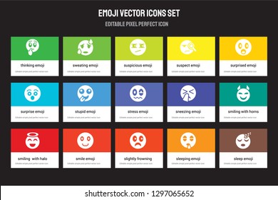 Set of 15 flat emoji icons - Thinking emoji, Sweating Slightly Frowning Surprised Smiling  With Halo emoji. Vector illustration isolated on colorful background