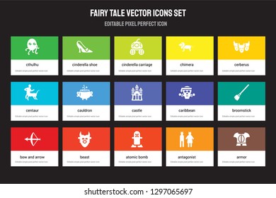 Set of 15 flat fairy tale icons - Cthulhu, Cinderella shoe, Atomic bomb, Cerberus, Bow and arrow, Caribbean, Broomstick, antagonist. Vector illustration isolated on colorful background