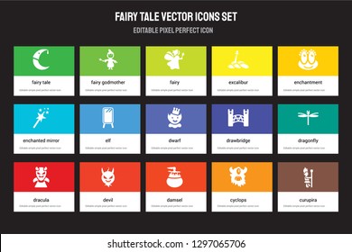 Set of 15 flat fairy tale icons - Fairy tale, godmother, damsel, enchantment, Dracula, drawbridge, Dragonfly, Cyclops. Vector illustration isolated on colorful background
