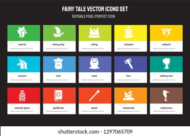 Set of 15 flat fairy tale icons - Warrior, Viking ship, Spear, Valkyrie, Stained glass, Thor, Talking tree, Shipwreck. Vector illustration isolated on colorful background