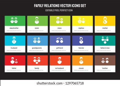 Set of 15 flat family relations icons - step-brother, sister, ex-husband, mother, father, fianc?e, father-in-law, cousin. Vector illustration isolated on colorful background