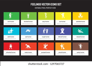 Set of 15 flat feelings icons - sick human, shocked pumped satisfied refreshed human. Vector illustration isolated on colorful background