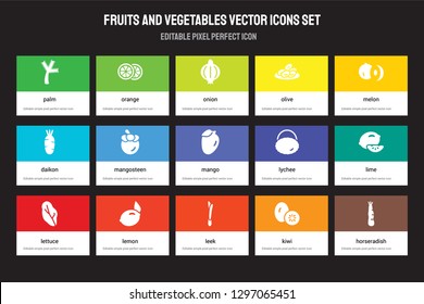 Set of 15 flat fruits and vegetables icons - Palm, Orange, Leek, Melon, Lettuce, Lychee, Lime, Kiwi. Vector illustration isolated on colorful background